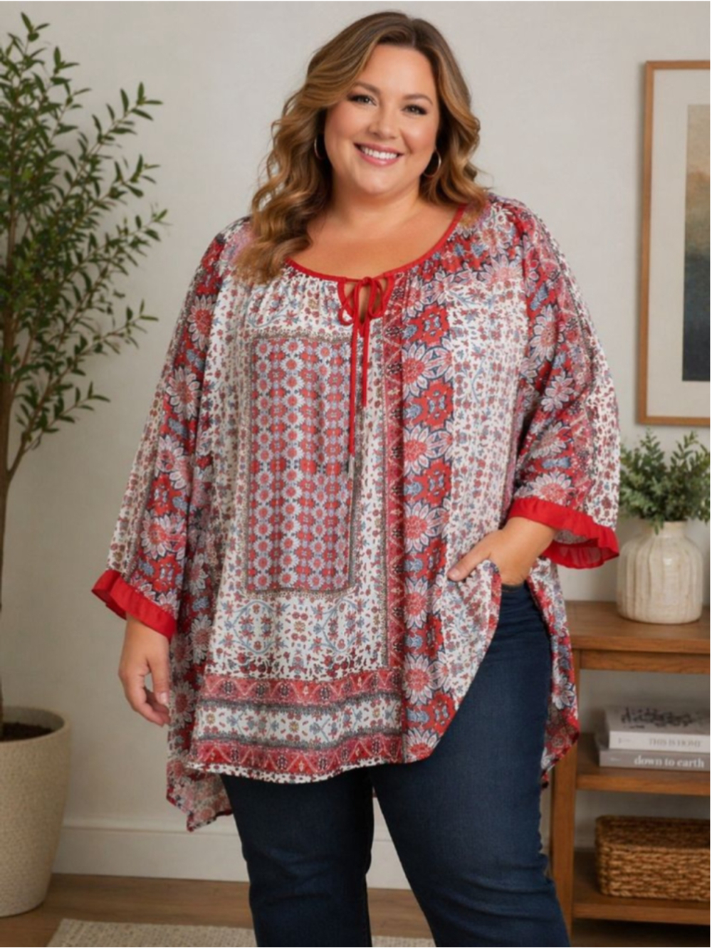 ZAC & RACHEL Tunic Red White Floral, Women's Plus Size 2X